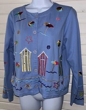 VTG Michael Simon Lite Sz MEDIUM Blue Beach Cardigan Cotton Cabanas Embroidered