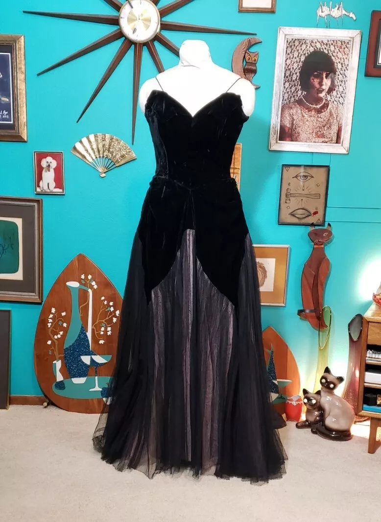 Vintage 1930s/40s black silk velvet tulle formal dress gown AS IS