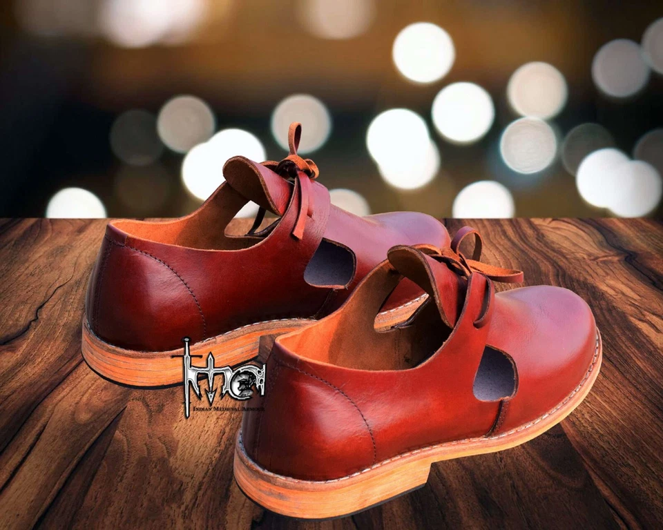 Renacimiento Medieval Cuero Zapato Larp Zapatos Vikingo Medio Alto Bota SCA Disfraz Foto 4 de 4