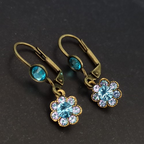 Michal Negrin Earrings Sky Blue Iridescent Crystal Flower Small Drop Dainty Gift - Picture 5 of 11