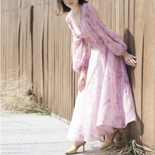 Pink Floral Print Womens Retro Slim Long Sleeve Long A-line Party V-neck Dresses