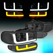 Par de faros ahumados LED DRL Switchback para GMC Sierra Yukon Denali 2001-2006