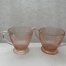 PINK DEPRESSION GLASS CREAMER  SUGAR SET JEANETTE Pattern FINE RIBBED