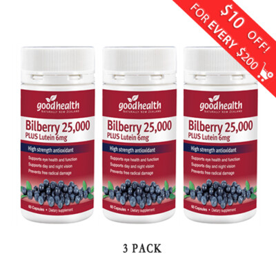 3 x Good Health Bilberry 25000 plus Lutein 6mg 60 Capsules Free Shipping