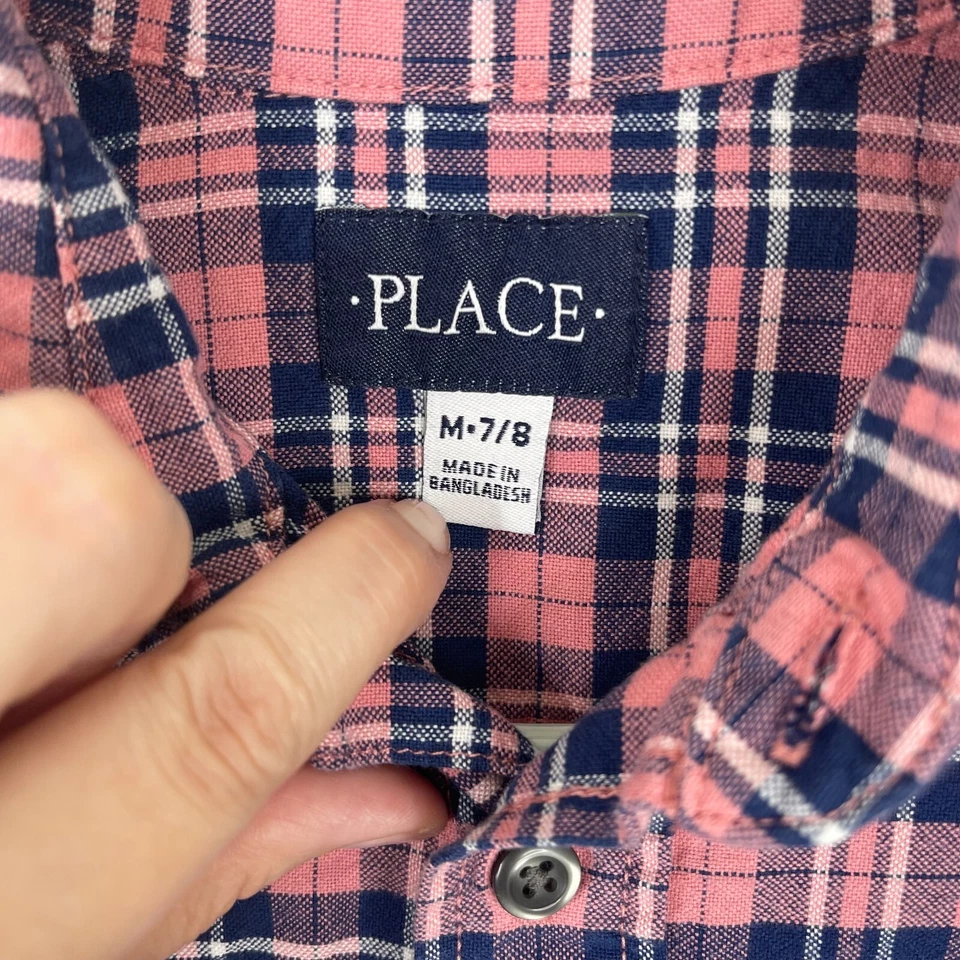 Children's Place Boys Collared Shirt Size 7.8 Plaid Check Long Sleeve Pink - Image 2 of 4