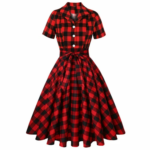 Woman Ladies 40s 50s Rockabilly Vintage Style Floral Print/Plaid Cotton Dress UK - Picture 17 of 28