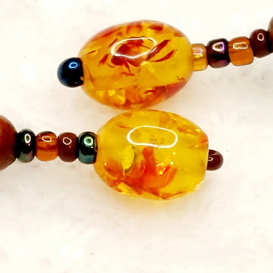 Pendientes de cobre hechos a mano cuentas ámbar cuentas de madera cuentas de vidrio colgantes Foto 2 de 4