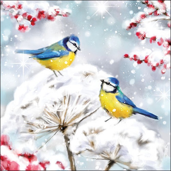 4 x Paper Napkin/3Ply/33cm/Decoupage/Birds/Berries/Two Blue Tits on Snowy Plant