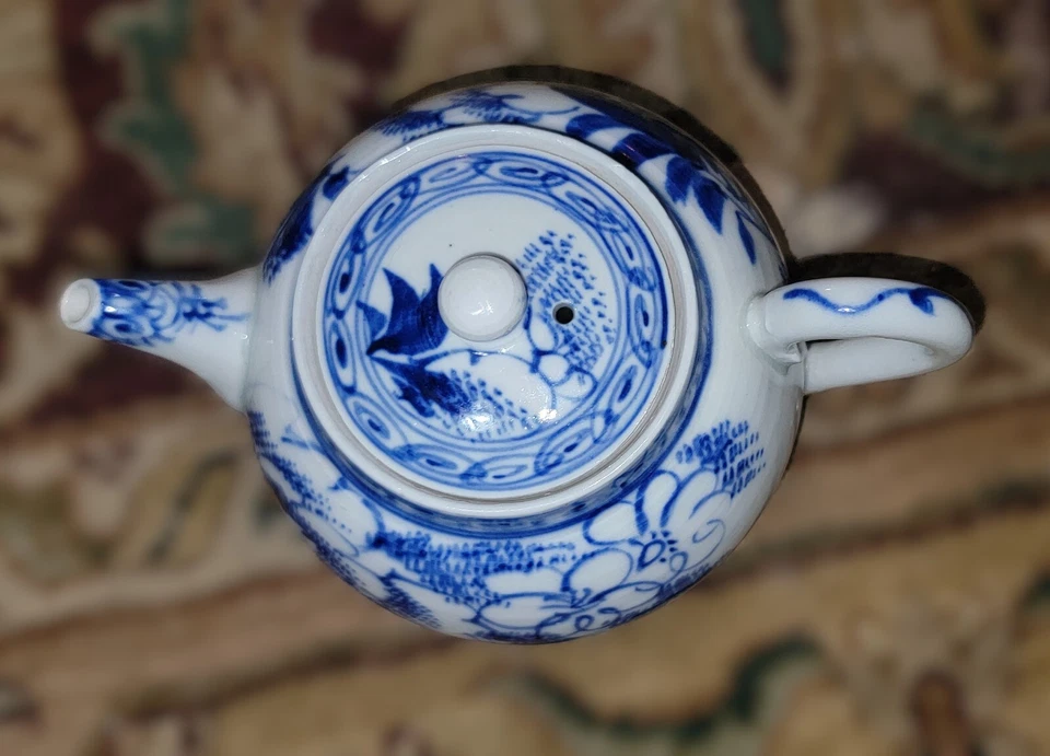 Japanese porcelain Meiji Teapot VTG Hand Painted Sometsuke Blue & White Strainer - Image 2 of 4