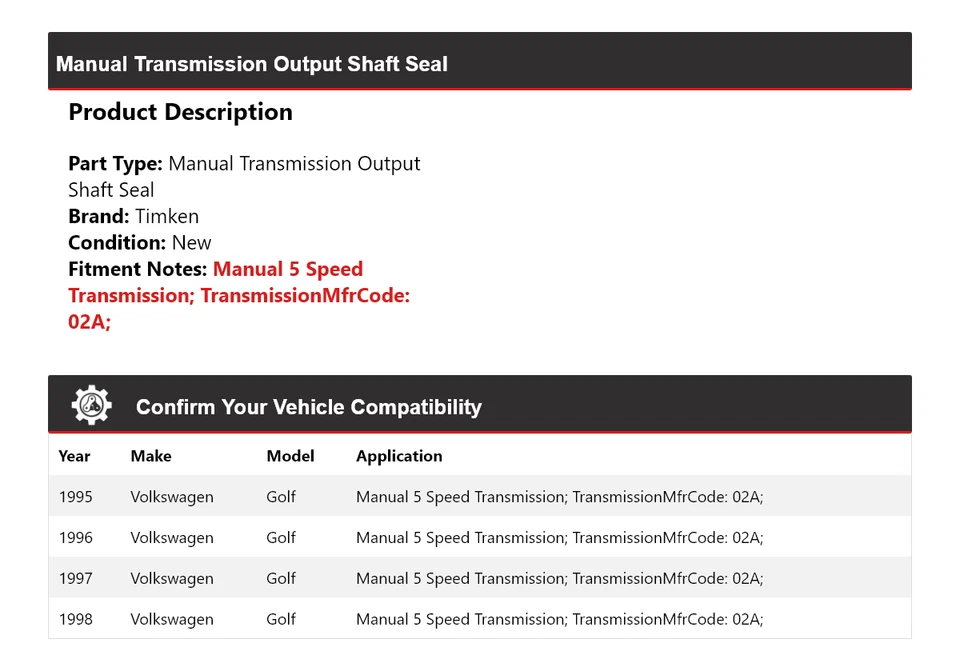 Sello de eje de salida de transmisión manual para Volkswagen Golf 1995-1998 Timken 1996 Foto 2 de 4