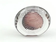 Signed Eickholt Art Glass Paperweight Disc Amethyst Orb Clear  And White Stripes