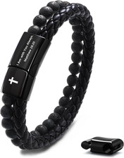 Mens Bible Verse Leather Bracelet - Lava Rock Bead Cross Bracelet for Men - Heal