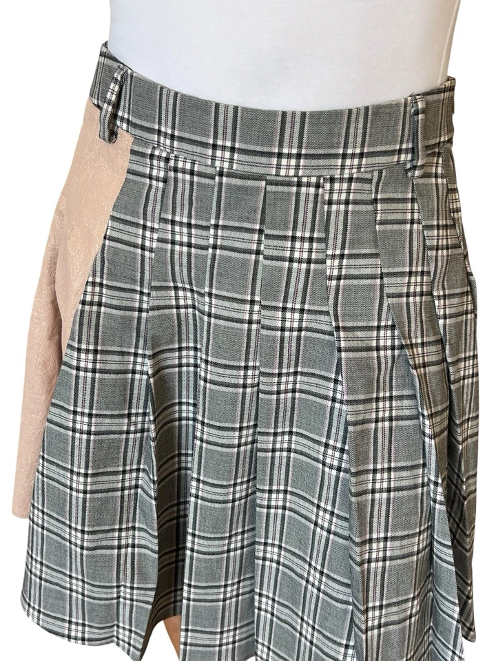 FALDA DROME HECHA EN ITALIA LANA IMITACIÓN CUERO NEGRO TARTÁN PLISADO MINI M/L Foto 3 de 4