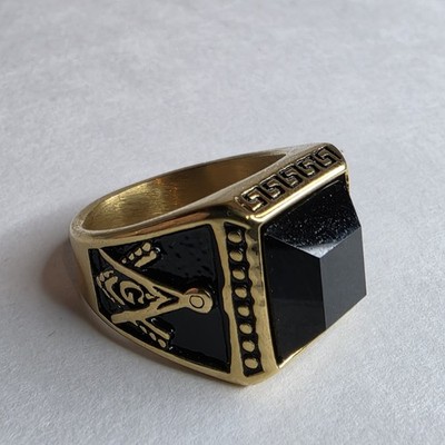 Freimaurer Ring Größe 8,5 quadratischer Kompass schwarzer Onyx und vergoldet
