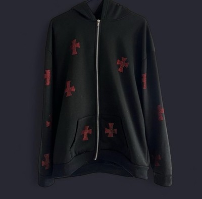 Red cross rhinestone black zip up, size L, zero flaws
