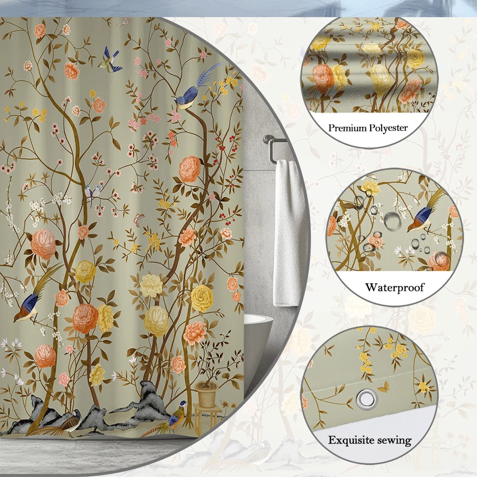Chinoiserie Floral Bird Shower Curtain, Vintage Botanical Design, Elegant decor - Image 2 of 4