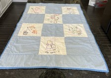 Vtg Hand Embroidered Pieced Nursery Rhyme Quilt Blue Gingham Baby Blanket READ