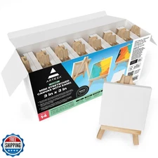 ARTEZA Small Canvases for Painting with Easels, Pack of 14, 3 x 3 Inches, Bla