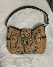 Western Themed Purse with Buckle Rhinestone Embellishments Faux Leather Brown