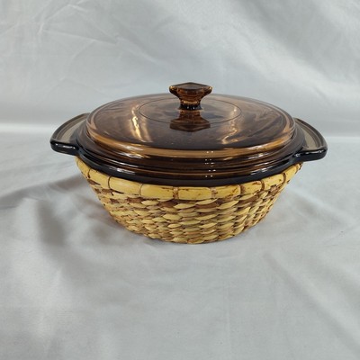 Anchor Ovenware Casserole 1037 w/Lid & Basket Round Amber Brown Glass 1.5 Qt USA