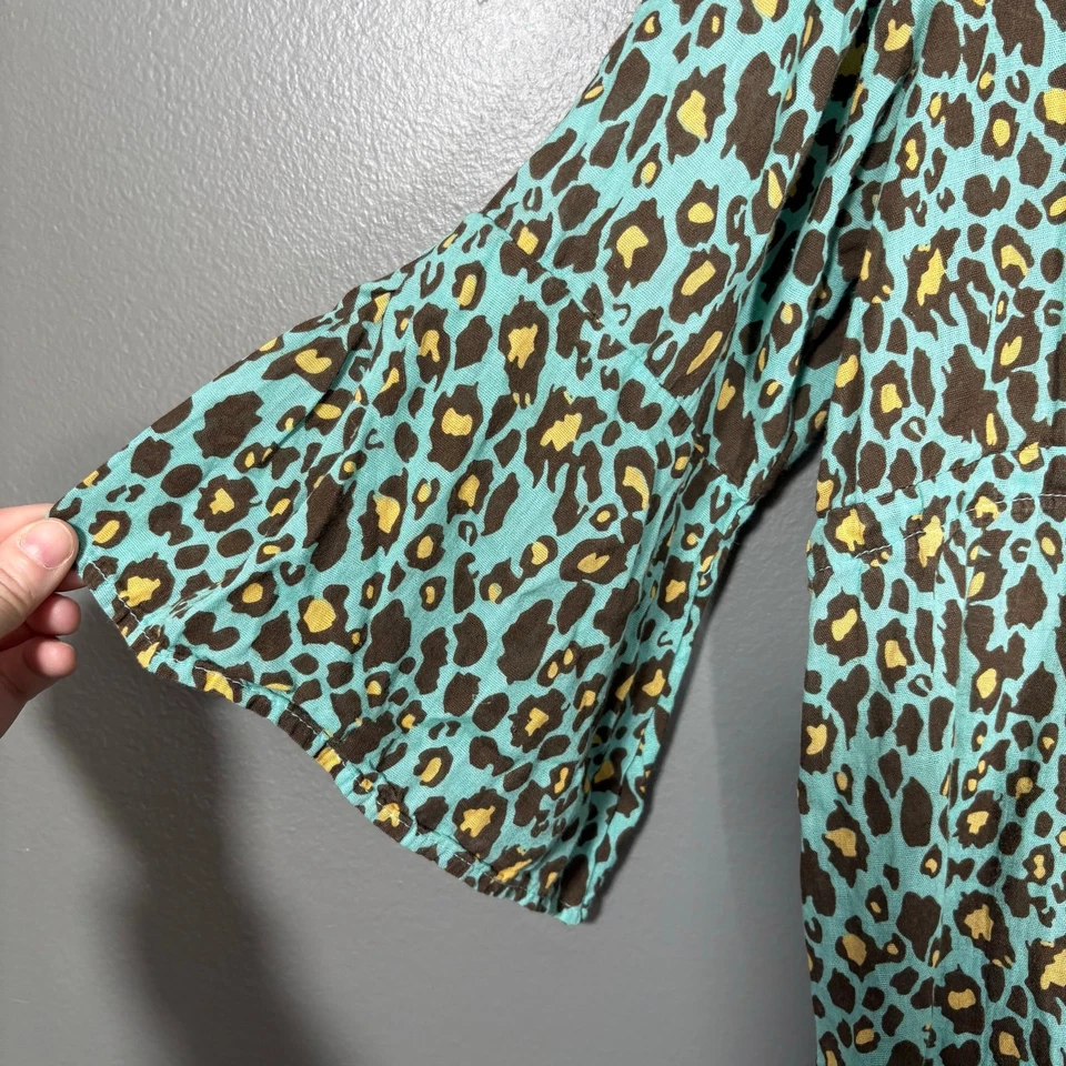 Mud Pie Bag Lady Turquoise Leopard Print 100% Linen Resort Dress - Size Small - Image 4 of 4