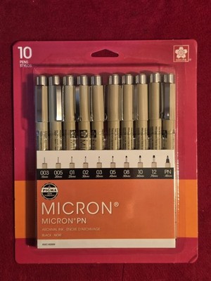 SAKURA Pigma Micron PN Black Fineliners - NEW 10 Pack Assorted Sizes -FAST Ship!