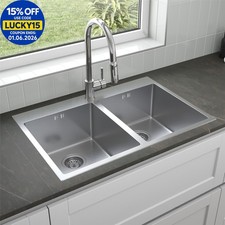 Double 2 Bowl Kitchen Sink Rectangular Stainless Steel Deep Inset Strainer Waste