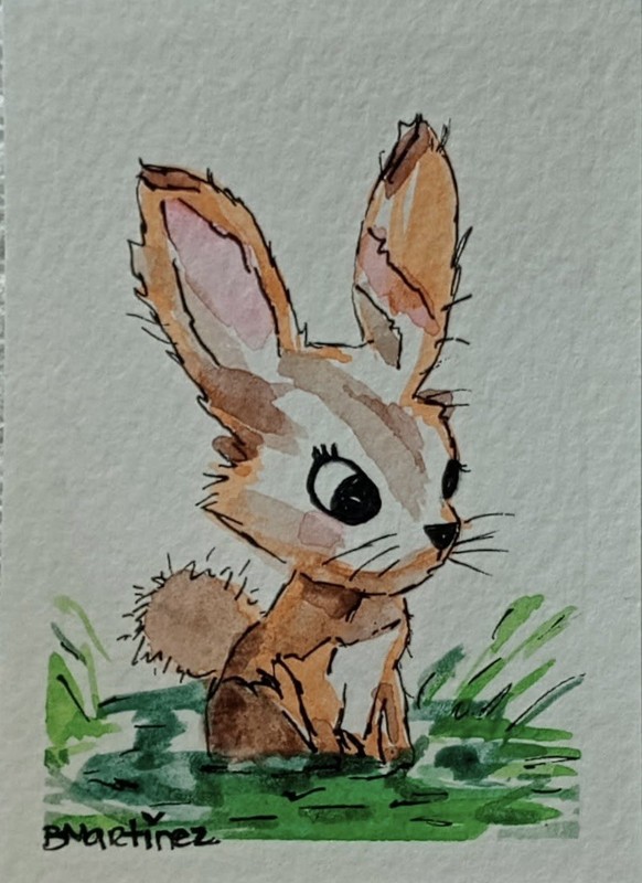 aceo original Bunny With Big Ears In Grass “What To Do Next”