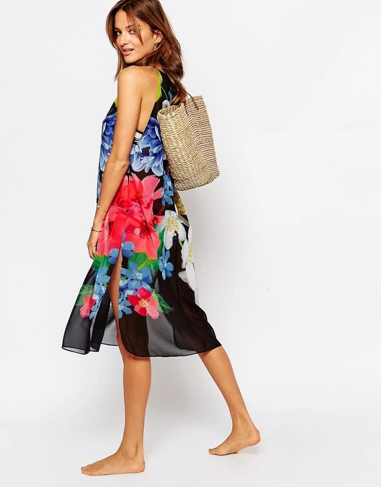 Vestido TED BAKER Negro Estampado Floral Forget Me Not Beach Cubrir Semi Transparente GRANDE Foto 4 de 4