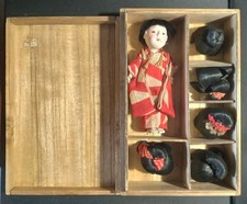 Antique 4" Japanese Gofun Geisha Doll with 5 Wigs in Original Box