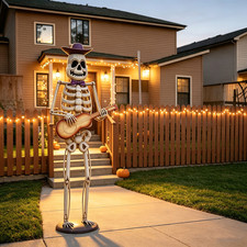 Halloween Skeleton Guitar Yard Statue, 61.8", Iron, White with Purple Hat New