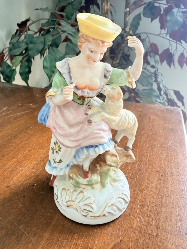 Vintage Hand Painted Porcelain Shepherdess Figurine with Dog