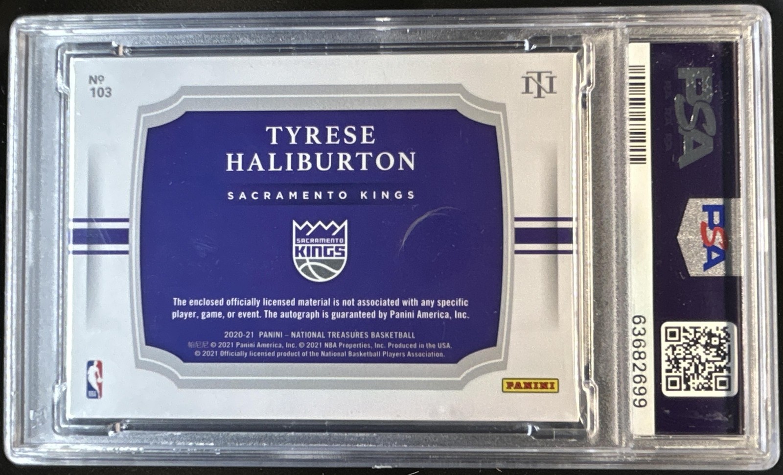 2020-21 National Treasures Tyrese Haliburton Patch Rookie Auto RC VAR #/75 PSA 8 view 2