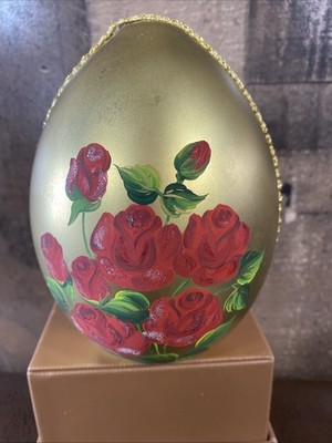 Vintage Easter Egg Mouth Blown Hand painted Hollow Art Glass Gold Roses 5.5 