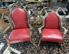 Pair Of Vintage Elk Antler Horn & Red Leather Chairs