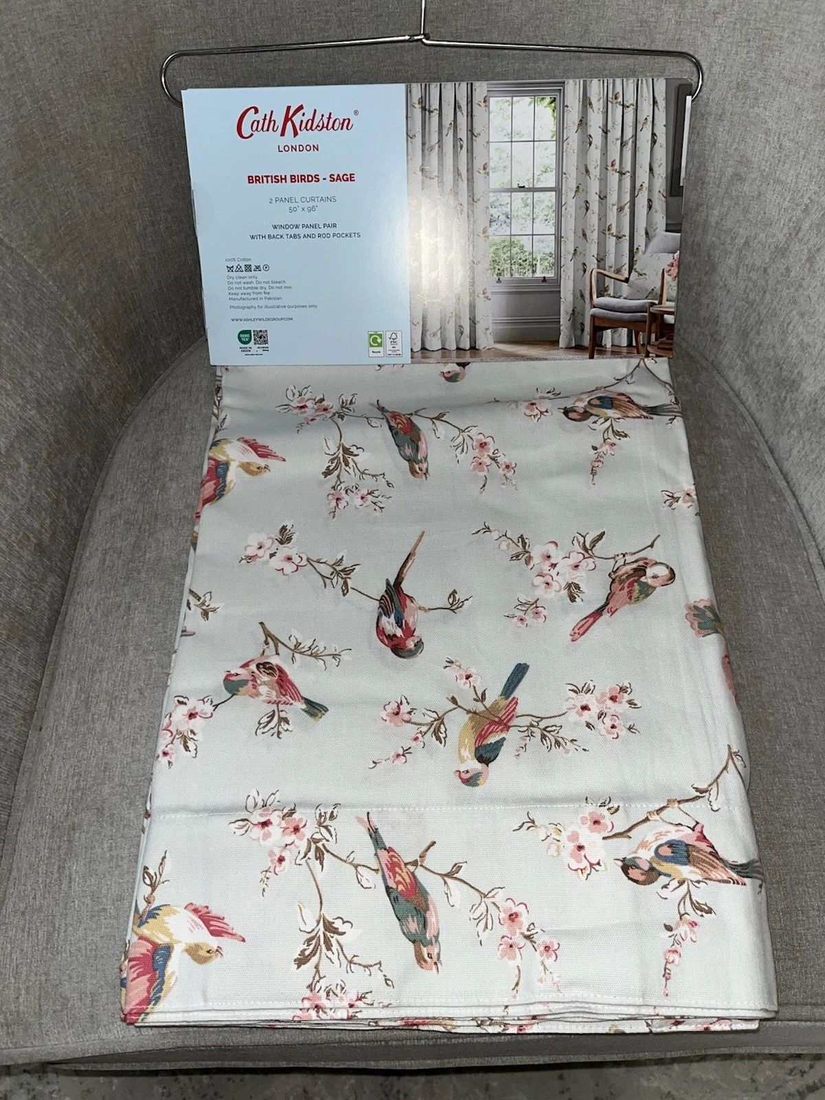 CATH KIDSTON LONDON BRITISH SAGE BIRD DESIGN 2 WINDOW PANEL SET 50”x 96”