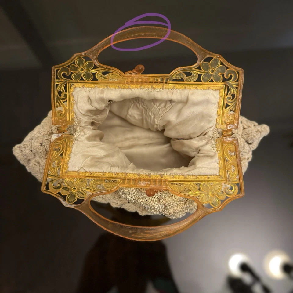 1930’s POPCORN CROCHET BAG w CELLULOID HANDLE Floral Art Deco Corde Flapper - Image 4 of 4