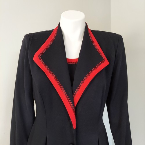 NWT Vintage 1980s S.L. Fashions Black Red Big Suit Collar Dress, Petites 12 - Picture 2 of 11