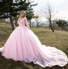 Sequin Embellished Long-Train Garden Wedding Dresses Blush Pink Tulle Ball Gown