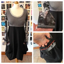 Vintage 90's Y2K Vango Cop style black stripes grey graphics dress mesh sleeves