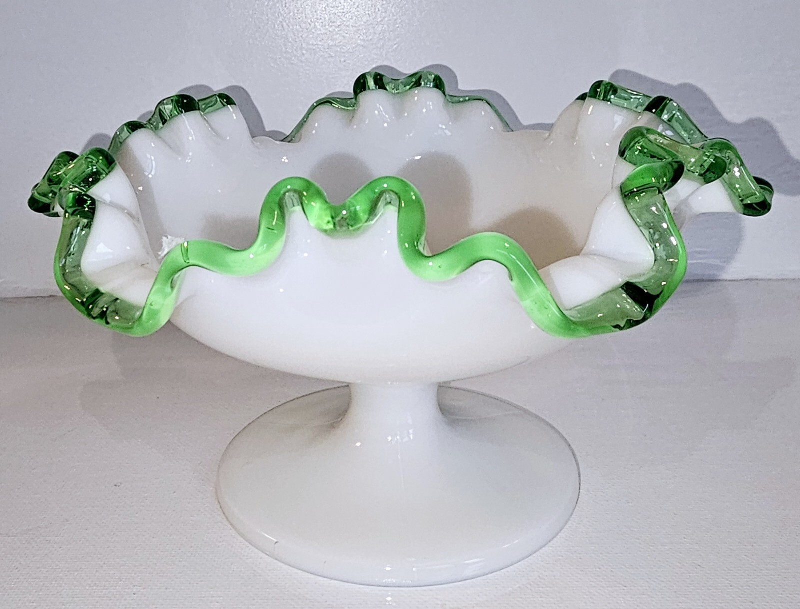 1950s Fenton Footed Candy Dish Milk Glass Green Ruffle Edge Emerald Crest eBay