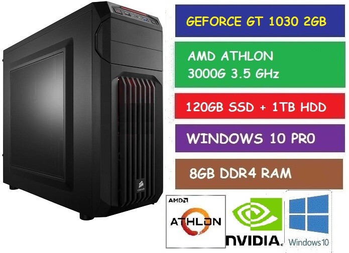 AMD ATHLON 3000G DESKTOP GAMING PC GT 1030 120GB SSD 1TB HDD 8GB RAM  W10