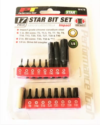 17pc PERFORMANCE TOOL IMPACT TORX  STAR TAMPER SCREW DRILL DRIVER BIT SET T5-T55