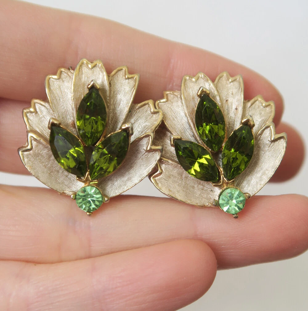Vintage Olivine Green Rhinestone Clip On Earring Deco Costume Jewelry