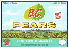 ORIGINAL PEAR CRATE LABEL CANADA BRITISH COLUMBIA 1960S B.C. OLIVER KELOWNA POLY