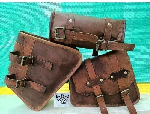 3 Brown Leather Motorcycle Saddle Bag Luggage Bag For Harley Softail Standard - Foto 11 di 18