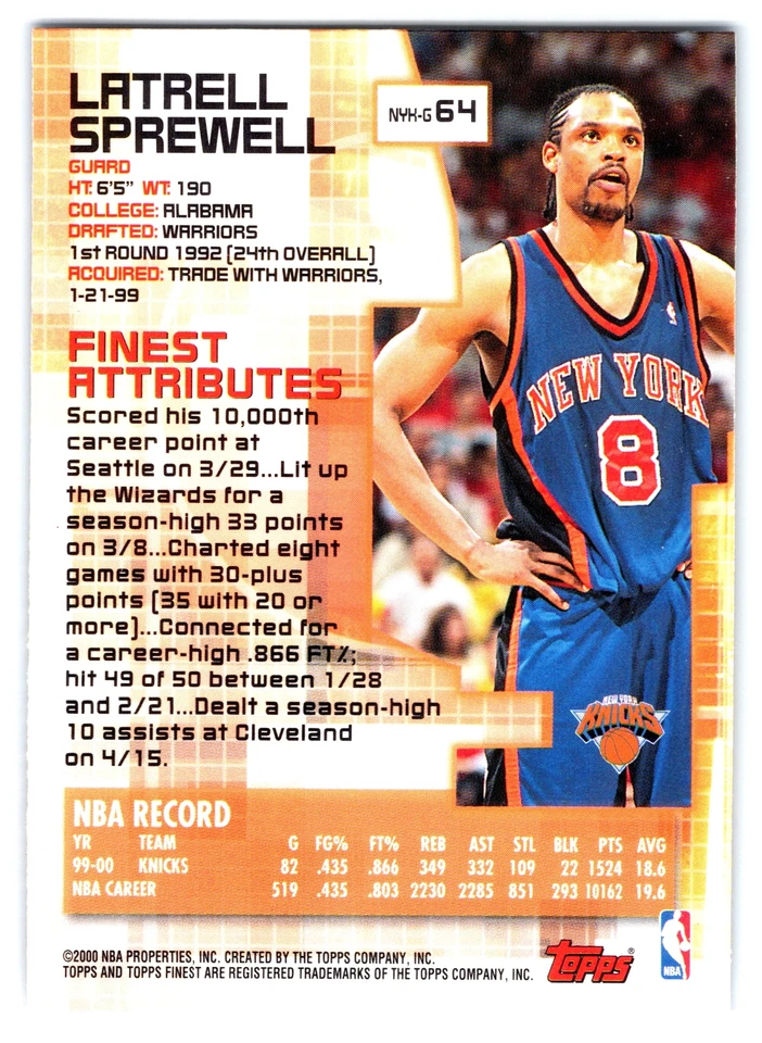 Latrell Sprewell 2000-01 Topps Finest #64 Knicks - Image 2 of 2