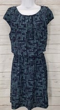Guess Los Angeles Dress Sz Large Women Blue Geometric Gold Button Cinched Waist