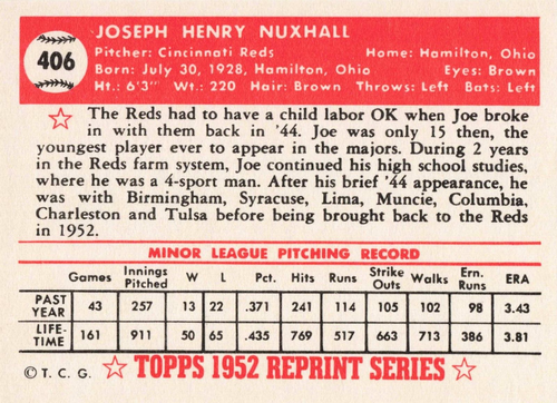 1983 Topps Baseball 1952 Reprint Series Joe Nuxhall Cincinnati Reds #406 - Picture 2 of 2