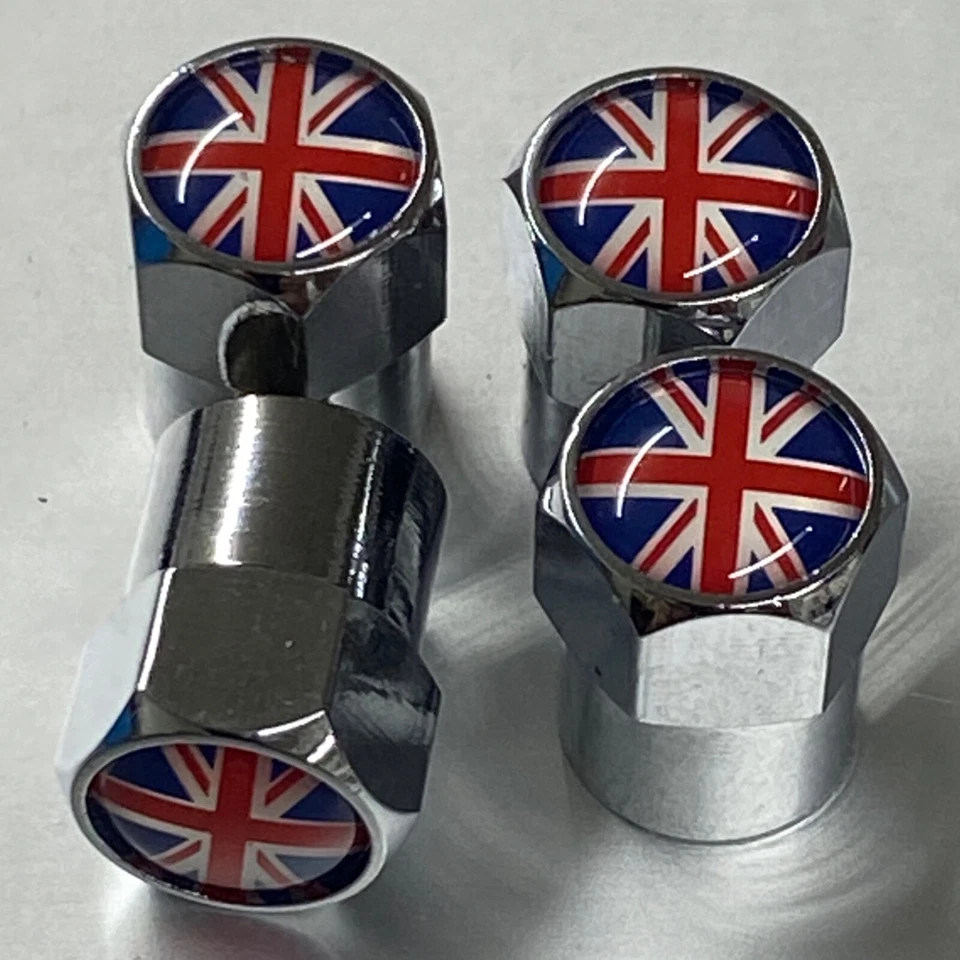 Tapas de vástago de válvula de rueda bandera británica Mini Cooper MG Lotus Land Rover metal cromado Foto 3 de 4